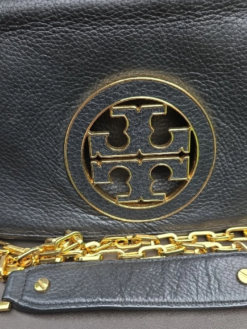 Tory Burch Black Pebbled Leather Crossbody with Gold Logo and Chain Strap